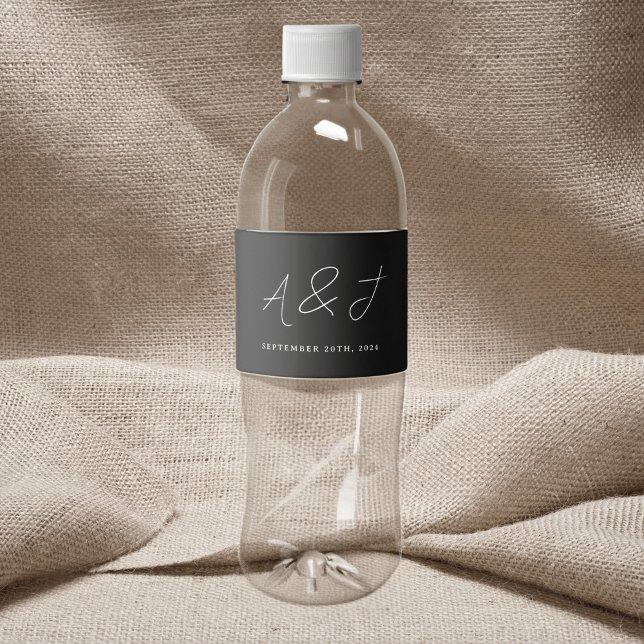 Minimalist Calligraphy script Black Wedding Favour Water Bottle Label (Creator Uploaded)