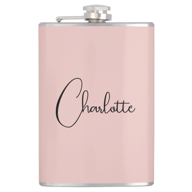 Minimalist Calligraphy Script Name Rose Gold Hip Flask (Front)