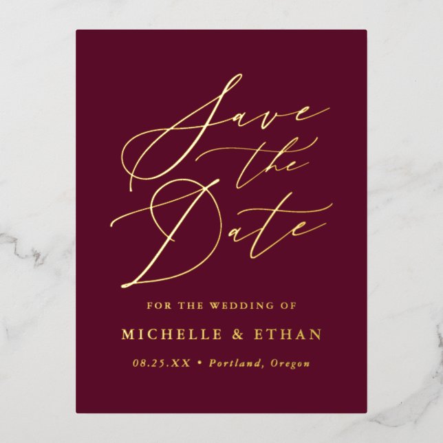 Minimalist Calligraphy Script Save the Date Foil Invitation Postcard (Front)