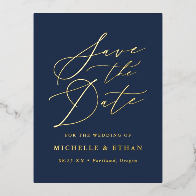 Minimalist Calligraphy Script Save the Date Foil Invitation Postcard (Front)