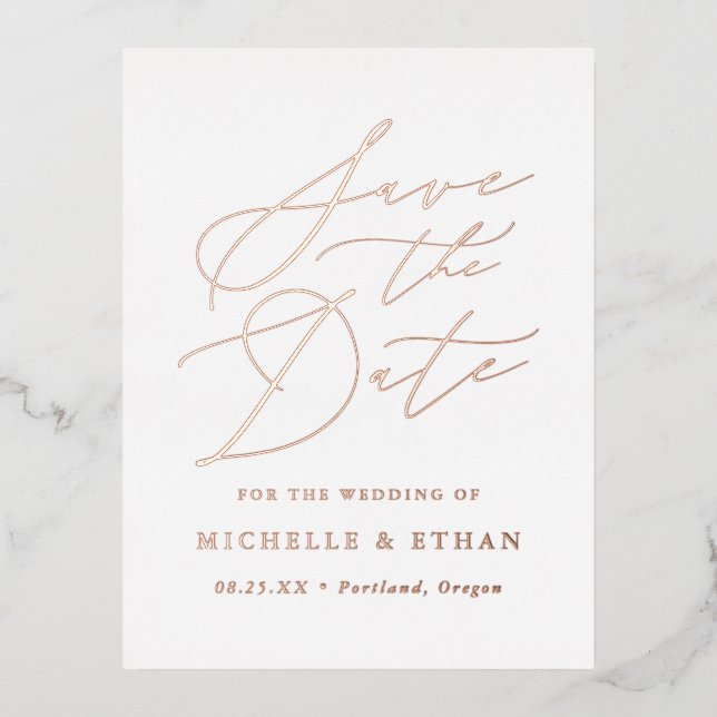 Minimalist Calligraphy Script Save the Date Foil Invitation Postcard (Front)