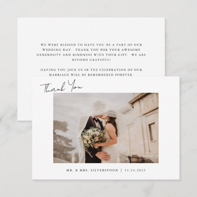 Minimalist Calligraphy Script Wedding Photo Thank  You Card (Front/Back)