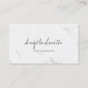 Minimalist Calligraphy Silver White Foil Marble Business Card
