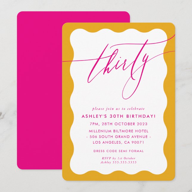 MINIMALIST Calligraphy wave 30th party pink yellow Invitation (Front/Back)