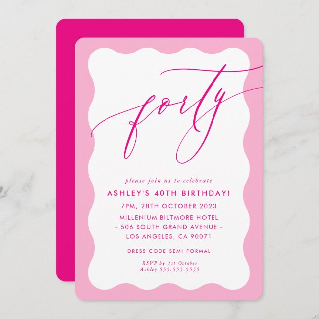 MINIMALIST Calligraphy wave 40th party pretty pink Invitation (Front/Back)