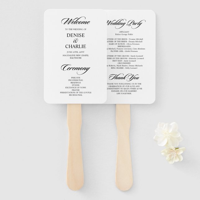 Minimalist Calligraphy White Wedding Program Hand Fan (Front and Back)