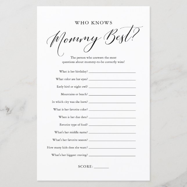 Minimalist Calligraphy Who Knows Mommy Best Game (Front)