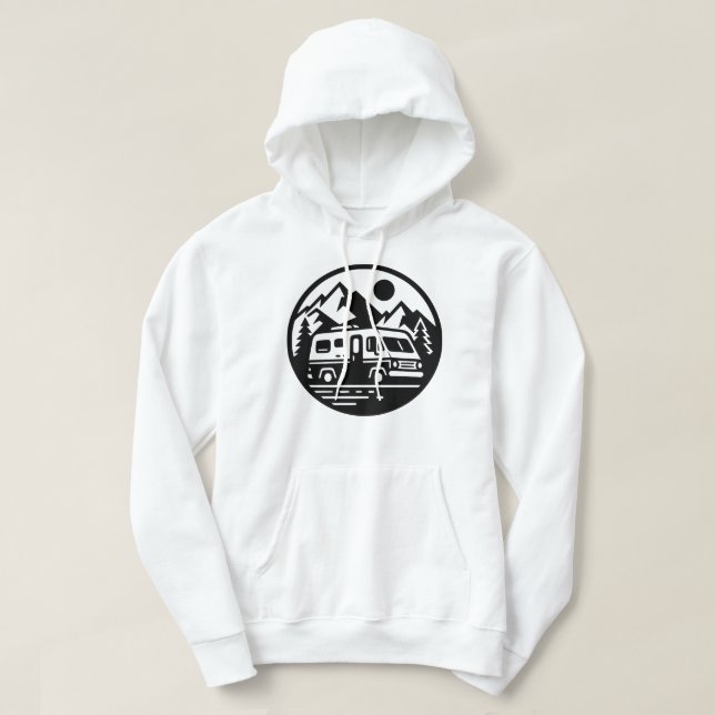 Minimalist Camper Van Adventure Mountain Landscape Hoodie (Design Front)