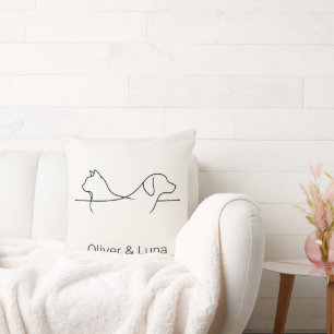 Minimalist Cat and Dog Custom Names Line Art Throw Pillow