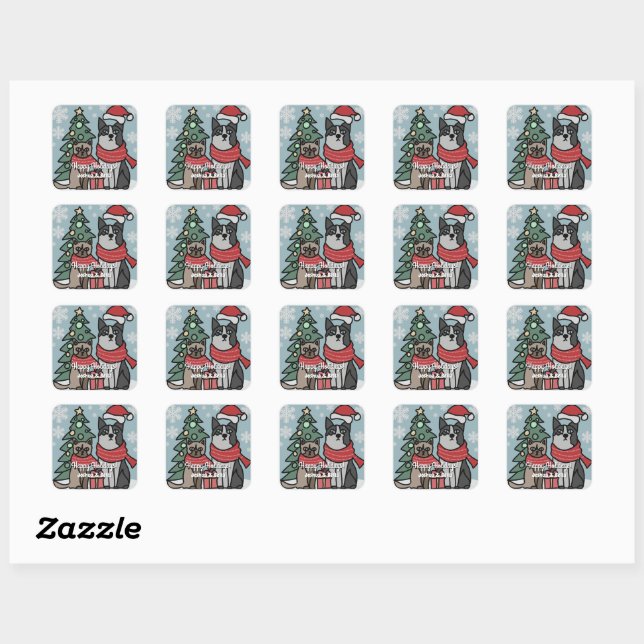 Minimalist Cat and Dog Holiday Get Together Square Sticker (Sheet)