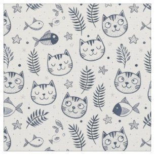 Minimalist Cat Face & Tropical Leaves Pattern Art Fabric