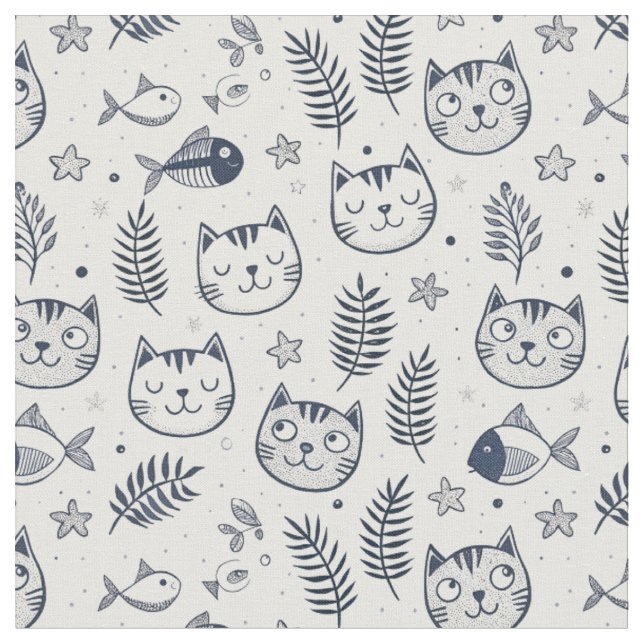Minimalist Cat Face & Tropical Leaves Pattern Art Fabric (Close Up)