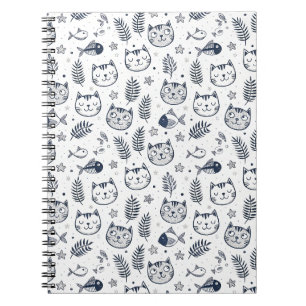Minimalist Cat Face & Tropical Leaves Pattern Art Notebook