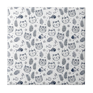 Minimalist Cat Face & Tropical Leaves Pattern Art Tile
