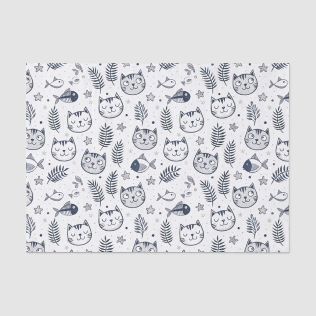 Minimalist Cat Face & Tropical Leaves Pattern Art Tissue Paper (Front)