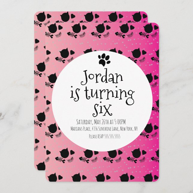 Minimalist Cat Kitten Pet Paws Pink Birthday Party Invitation (Front/Back)