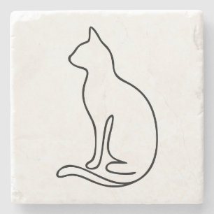 Minimalist Cat Line Art – Black Outline Silhouette Stone Coaster