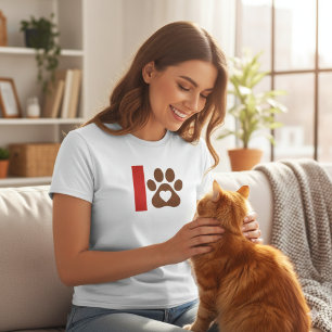 Minimalist Cat Mom T-Shirt - Brown Paw Print Heart