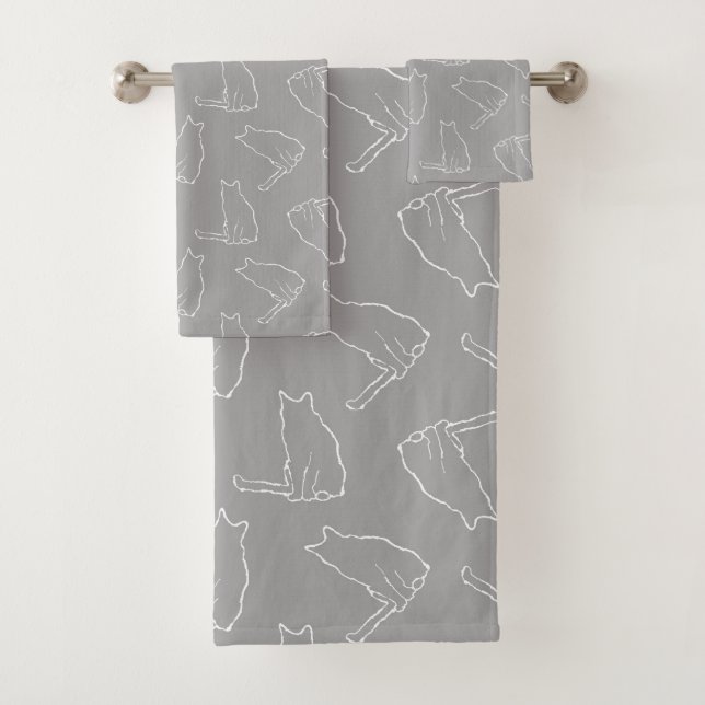 Minimalist Cats Modern Grey Pattern Bath Towel Set (Insitu)