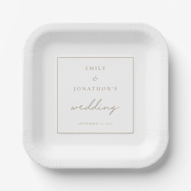  Minimalist Champagne Gold Script Wedding Paper Plate (Front)