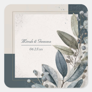 Minimalist Charcoal Blue Frosted Leaf Gold Frame Square Sticker
