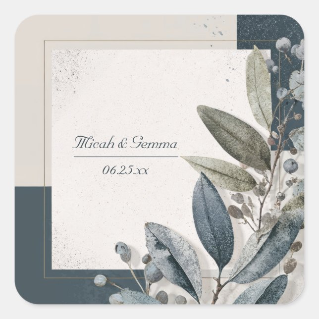 Minimalist Charcoal Blue Frosted Leaf Gold Frame Square Sticker (Front)