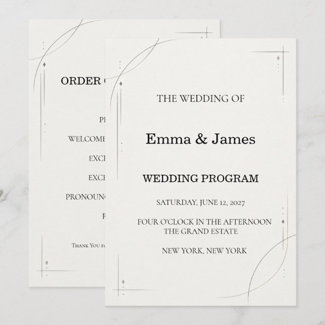 Minimalist Charcoal Line Wedding Ceremony Program (Front/Back)