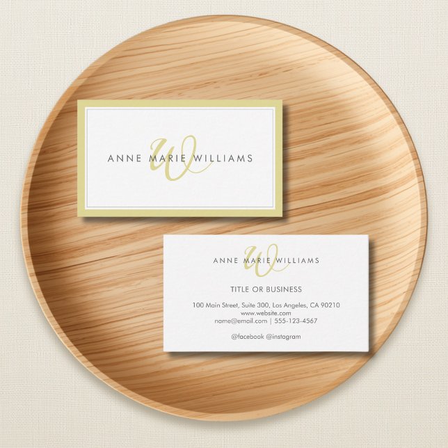 Minimalist Chartreuse Script Two Border Monogram Business Card (Creator Uploaded)