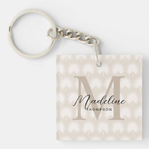 Minimalist Chic Beige Anahaw Leaf Script Monogram Keychain