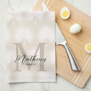Minimalist Chic Beige Anahaw Leaf Script Monogram Kitchen Towel