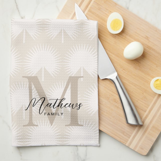 Minimalist Chic Beige Anahaw Leaf Script Monogram Kitchen Towel (Quarter Fold)