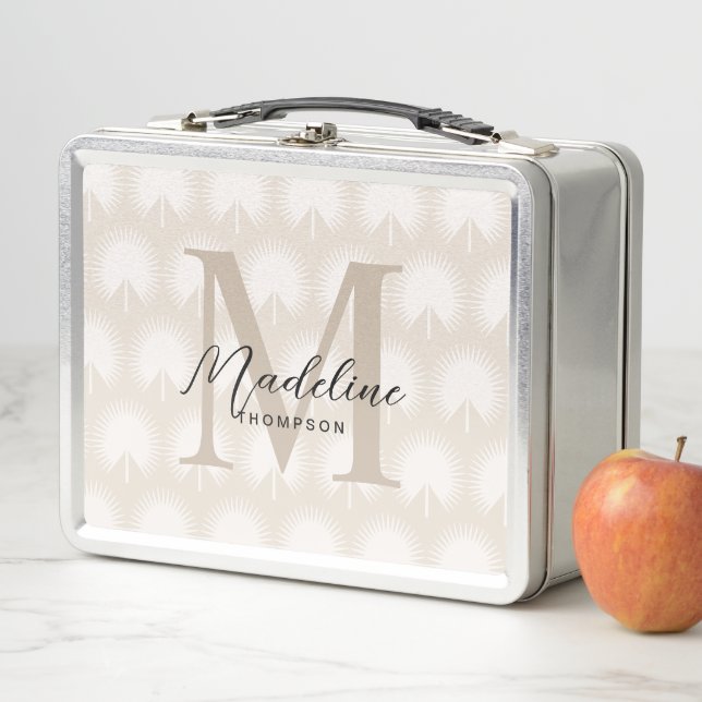 Minimalist Chic Beige Anahaw Leaf Script Monogram Metal Lunch Box (In Situ)