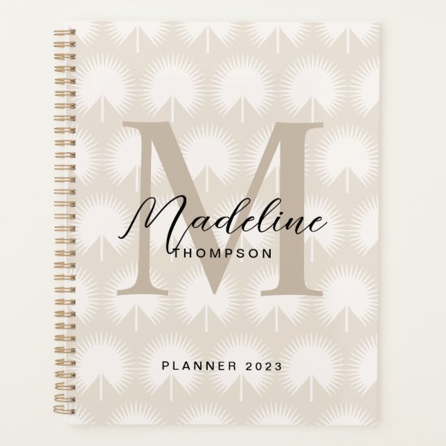 Minimalist Chic Beige Anahaw Leaf Script Monogram Planner (Front)