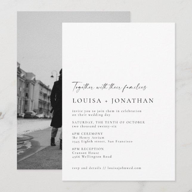 Minimalist Chic Black White Script Photo Wedding Invitation (Front/Back)