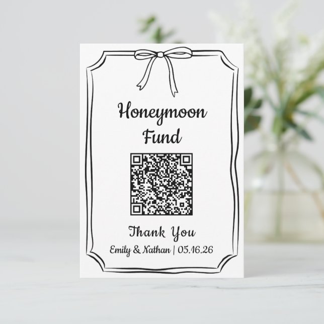 Minimalist Chic Bow Honeymoon Fund QR Code Card (Standing Front)