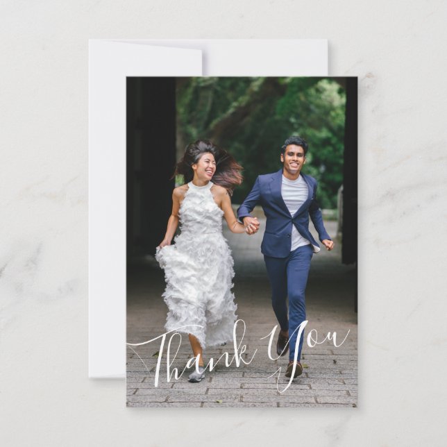 Minimalist Chic Calligraphy Custom Wedding 2 Photo Thank You Card (Front)