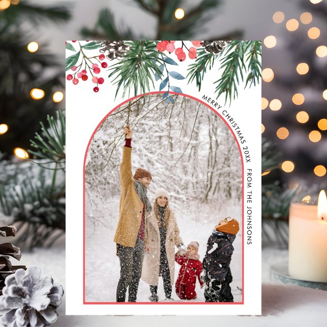 Minimalist Chic Holly Berries Arch Photo Christmas Holiday Card (Creator Uploaded)