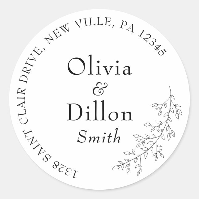 Minimalist Chic Leaf Branch Black Script Wedding Classic Round Sticker (Front)
