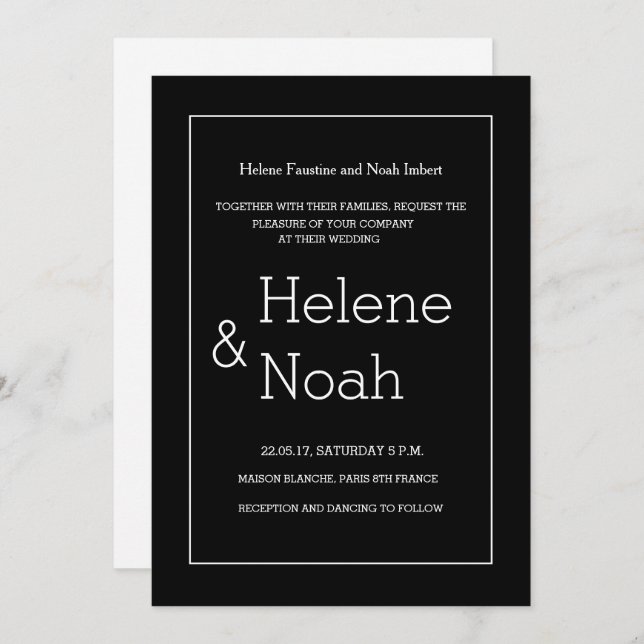 Minimalist chic modern black white simple wedding invitation (Front/Back)