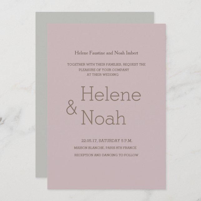 Minimalist chic modern blush grey simple wedding invitation (Front/Back)
