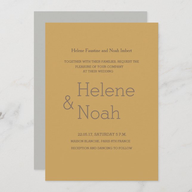 Minimalist chic modern mustard grey simple wedding invitation (Front/Back)