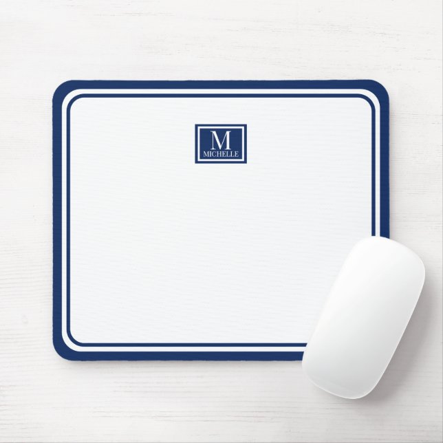 Minimalist Chic Navy Blue Monogram Double Boarder Mouse Pad (With Mouse)