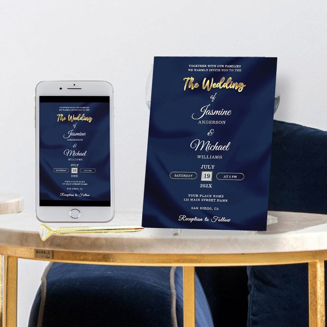 Minimalist Chic Navy & Gold Script Wedding Elegant Invitation (Creator Uploaded)