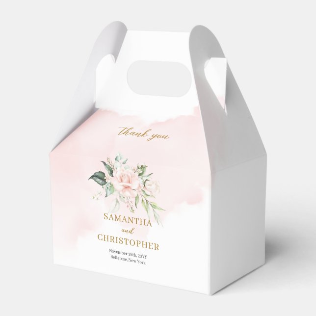 Minimalist chic pink roses eucalyptus gold wedding favor box (Front Side)