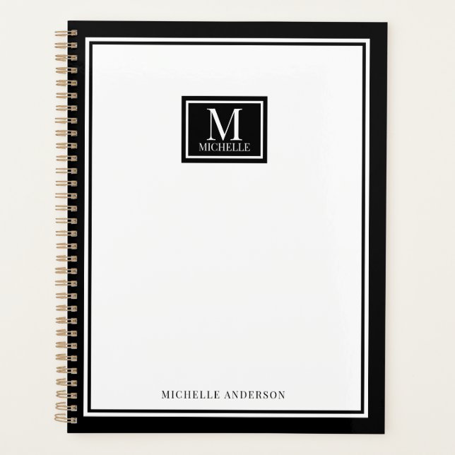 Minimalist Chic Two Boarder Monogram Name Black  Planner (Front)