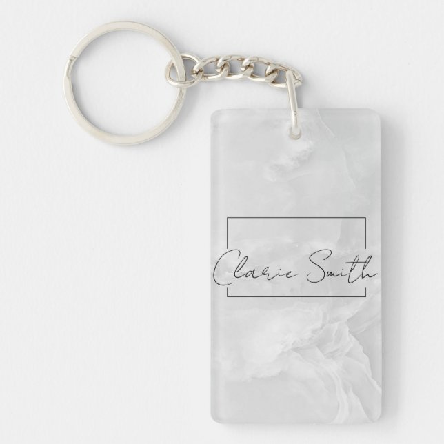minimalist chic white marble with custom name keychain (Front)