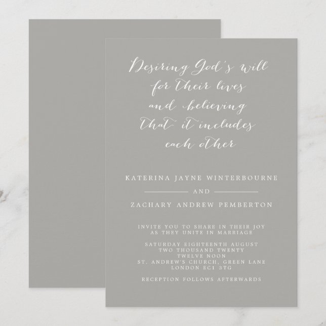 Minimalist Christian Grey and White Script Wedding Invitation (Front/Back)