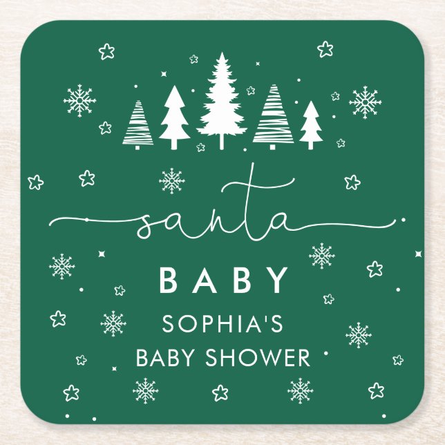 Minimalist Christmas Baby Shower Greenery Square Paper Coaster (Front)