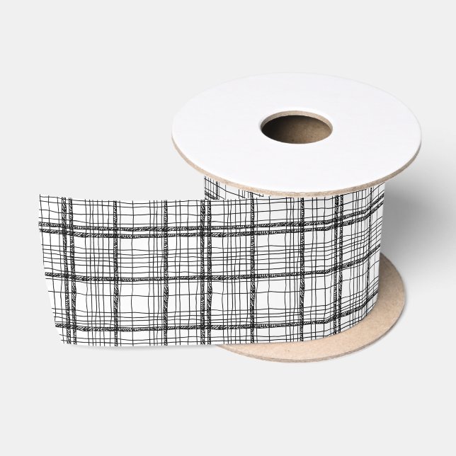 Minimalist Christmas Black & White Drawing Plaid Satin Ribbon (Spool)