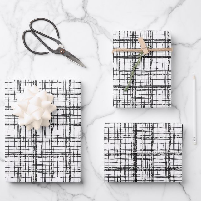 Minimalist Christmas Black & White Drawing Plaid Wrapping Paper Sheet (Front)
